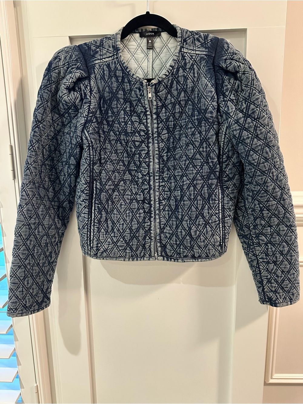 Aqua Quilted Denim-Look Puff Sleeve Jacket in Blue